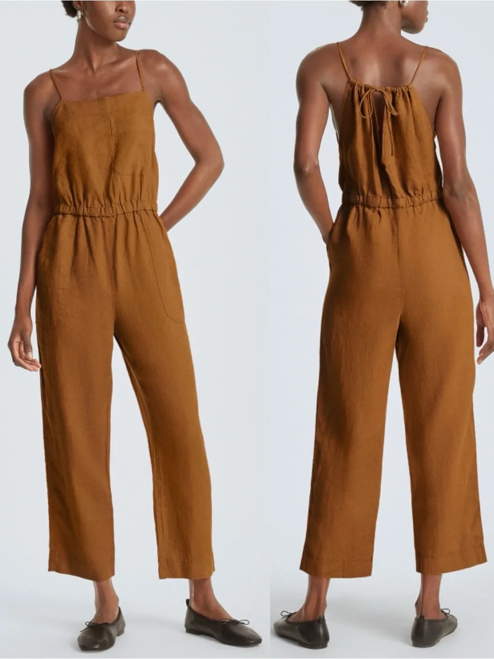 Everlane Linen Shoestring Apron Jumpsuit Spice Brown Small S Wide Leg Boho